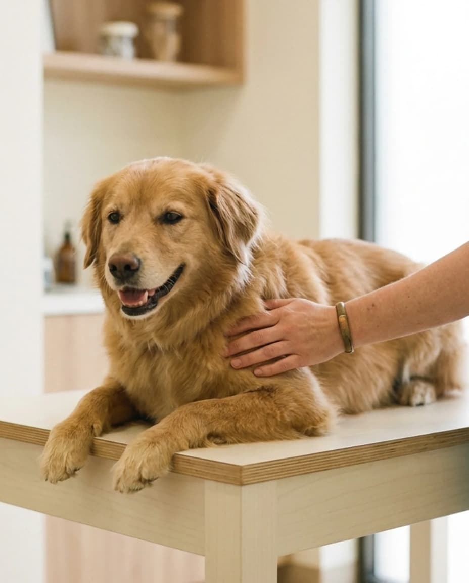A dog and its veterinarian during an unhurried exam.