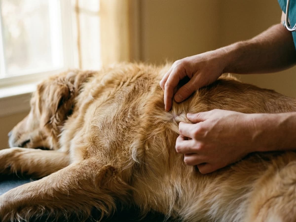 A vet photographing a patient's ear during an exam.